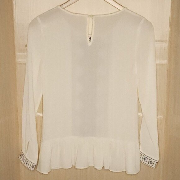 Lulumarie Womens Cream Silky Long Sleeve Boho Embroidered Ruffle Blouse Small - Picture 2 of 7